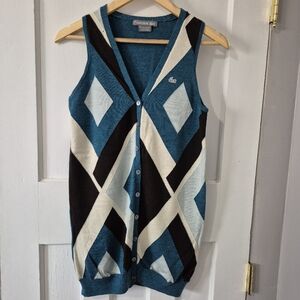 Lacoste Preppy Wool Argyle Sweater Button Front Vest Blue Green White Sz 10